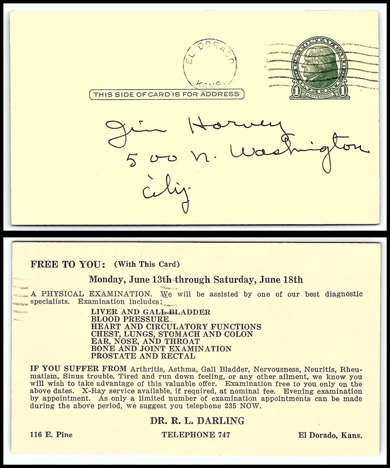 Primary image for 1940s US Postal Card - DR. R. L. Darling, El Dorado, Kansas to City U3