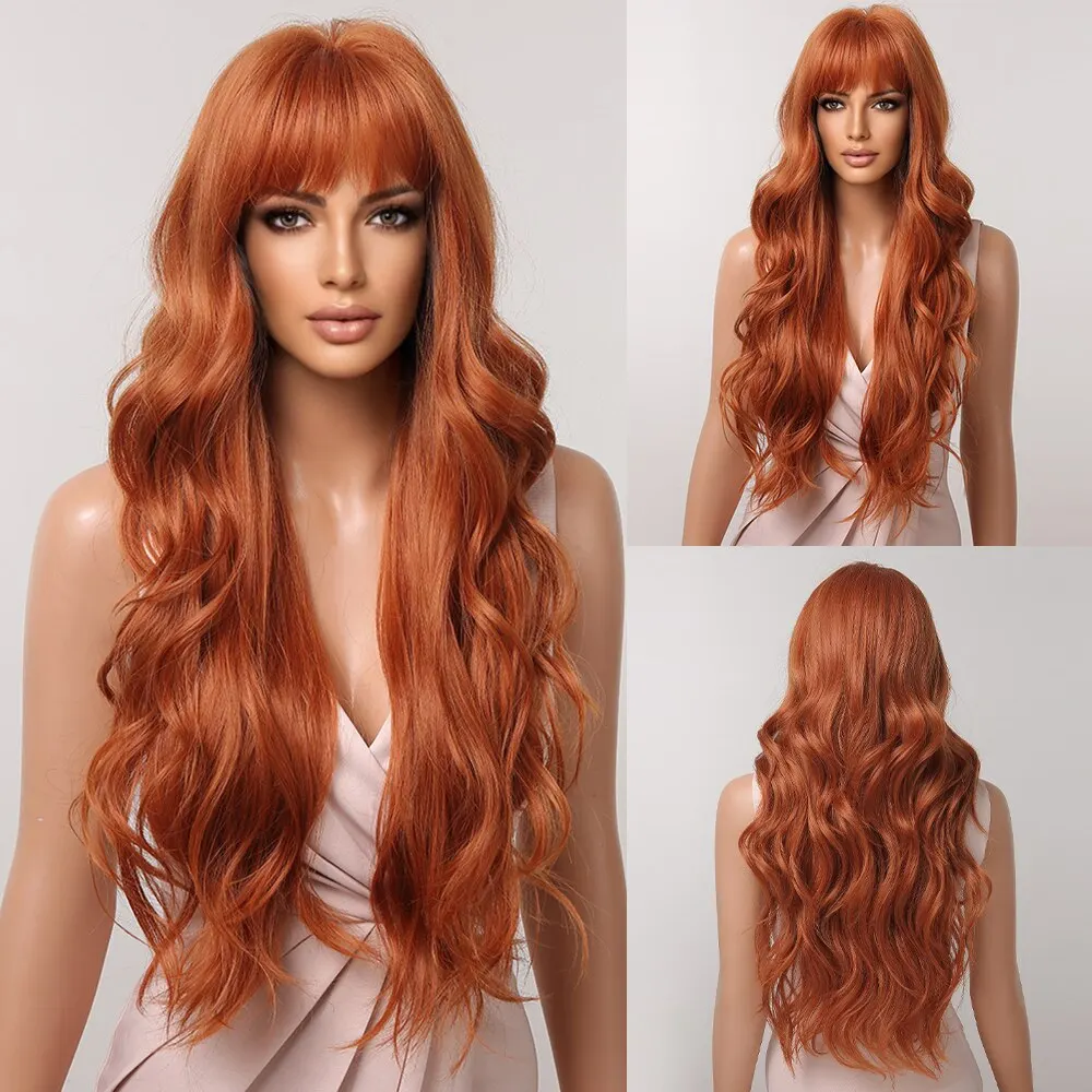 Ginger Curly Synthetic Wigs for Women Long Natural Wavy Orange Wigs with Fl - £11.14 GBP