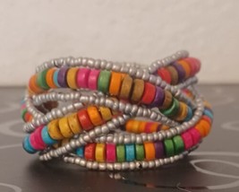 Multi-colored Wood Bead Cuff Memory Wire Bracelet Summer Beach Boho - £10.03 GBP