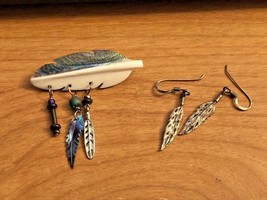 Beautiful Carved Abalone FEATHER Brooch and Sterling Feather Earrings - $19.00