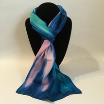 Hand Painted Silk Scarf Mint Green Bubblegum Pink Blue Unique Rectangle New Gift - £44.75 GBP