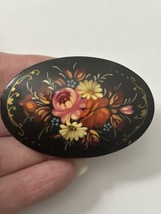 Vintage Russian Enamel Floral Hand Painted Lacquered Brooch Pin - $11.29