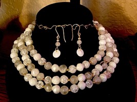 Triple Strand Bib Style White and Opaque Beaded Gold Ball Accented Choker Set - $14.00