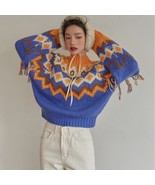 Retro Pattern Knitted Contrast Color Dotted Tassel Pullover Thick Sweater - $1,033.89 MXN