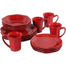 Red Fleur De Lis Crest Fluted 16 Piece Ceramic Dinnerware Set - £148.08 GBP