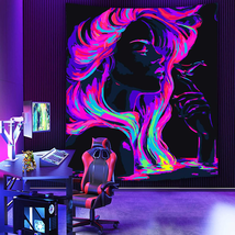 Cool Black Girl Blacklight Tapestry UV Reactive Glow In Dark Party Home Poster - £18.77 GBP