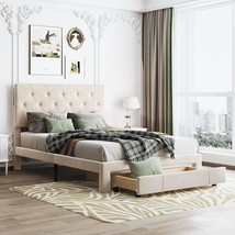 Merax Contemporary Upholstered Platform Bed In Full Beige With Large Drawer - £225.62 GBP