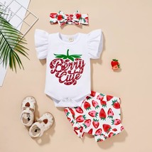 NEW Baby Girls Strawberry &#39;Berry Cute&quot; Bubble Shorts Outfit Set - £7.02 GBP