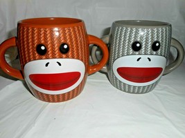 Galerie Brand SOCK MONKEY Double-Handled Mugs Cups 16 oz 1 Gray 1 Brown Ceramic - £15.72 GBP