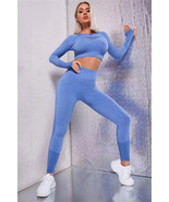 Sky Blue Solid Color Long Sleeve Crop Top Leggings Yoga Sports Set - $2,322.99 MXN