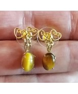 TIGER EYE Dangling EARRINGS in GoldTone Double Hearts setting - FREE SHI... - £16.23 GBP