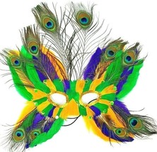 Feather Masks With Peacock Feathers Green and Gold Sequins Halloween Mardi Gras - £12.02 GBP