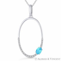 0.32ct Blue Topaz &amp; Diamond Open Oval Pendant &amp; Chain Necklace in 14k White Gold - £327.93 GBP