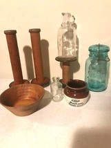 Collectible Lot of Wood bobbins, shoe forms,i nsulators, crock, more image 2