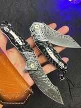 New VG10 Damascus Steel Pocket Knife Hunting Survival Folding Ebony Wood... - $95.04