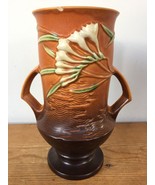 Vtg 40s Roseville Pottery 123-9 Tangerine Freesia Floral Double Handle V... - £118.25 GBP