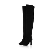 Women Shoes Suede Over Knee High Boots Fashion Chunky Square Heel Black Long Boo - £75.13 GBP
