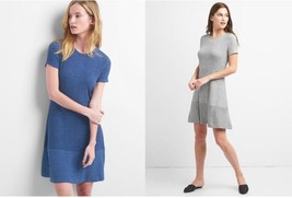 New GAP Women Fit Flare Marled Gray Blue Ribbed Short Sleeve Crew Dress ... - £27.53 GBP