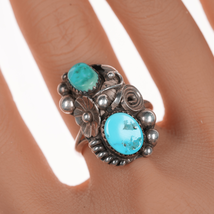 sz9.25 Vintage Native American silver and double turquoise ring - $94.05