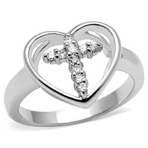 Heart Cross Clear Simulated Diamond Rhodium Plated Religious Wedding Ring Sz 5-8 - £39.02 GBP