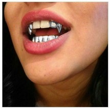 Custom 14K White Gold Plated Lower Teeth Grillz &amp; Upper Top Double Fangs 3pc Set - £14.30 GBP