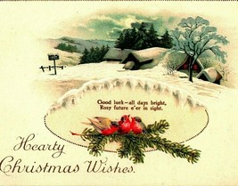 Hearty Christmas Wishes Cabin Snow Scene Pine Bough Birds 1910s Vtg Postcard - £3.09 GBP