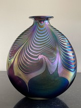 Vintage Correia Signed Cobalt Blue Iridescent Pulled Feather Art Glass Vase - £394.39 GBP