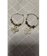 Handmade Wood Cross Beaded Drop Silver Tone Hoop Earrings Mod Boho Chic - $8.86