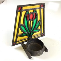 Vtg Stained Glass Votive Candle Holder Cast Iron Rose Arts Crafts Mission - $18.00