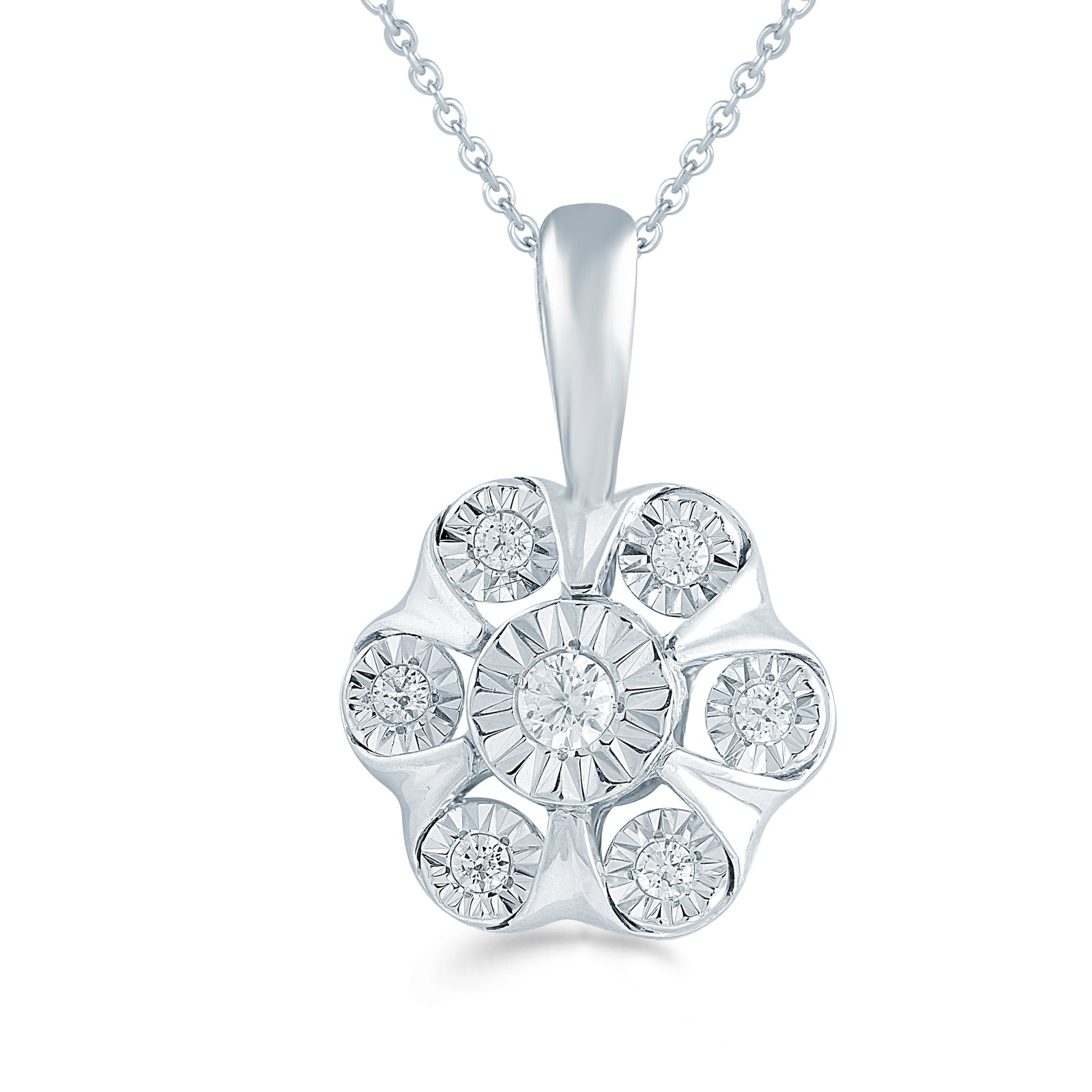 1/8ct tw Diamond Floral Cluster Fashion Pendant in Sterling Silver with 18" cabl - £31.89 GBP