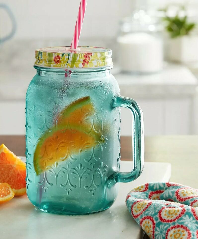 The Pioneer Woman ~ Sunny Days ~ 32oz Glass Mason Jar Mug w/Handle ~ Lid & Straw - $29.92