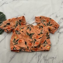 Loft Womens Lace Up Crop Top Size S Orange Green Fruit Floral Puff Sleeve - $19.79
