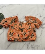 Loft Womens Lace Up Crop Top Size S Orange Green Fruit Floral Puff Sleeve - $27.06 CAD