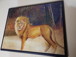 Vintage 11x14&quot; Lion In Forest Decoupage Picture On Wood Board Art Wall Hanging - £3.19 GBP