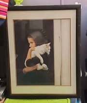 Vintage Nancy N. A. Noel &quot;Sarah&quot; Print w Studio Seal, Amish Girl w Cat Framed Lg - £104.87 GBP