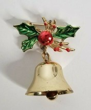 Red Green Leaves Christmas Ringing Bell Vintage Gold Tone Brooch Pin - $10.99