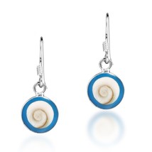 Fascinating Round Blue Frame Swirl Shiva Shell Sterling Silver Dangle Earrings - £10.53 GBP