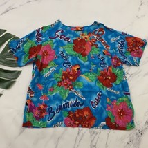 Womens Vintage 80s Tropical Top Size M Blue Red Parrots Islands Tiki Floral - $24.74
