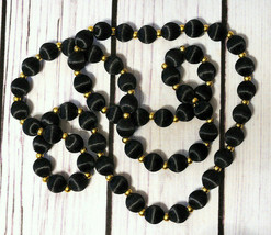 vintage black silk wrapped long necklace gold bead - $7.91