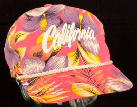 Vtg California Trucker Hat-Pink Hawaiian Print-Snapback-Rope Bill-Floral-San Sun - £22.42 GBP