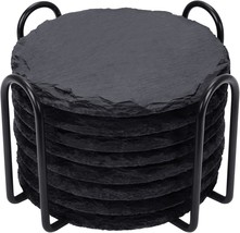 Slate Drink Coasters With Metal Holder, Goh Dodd Set Of 8 Black Coasters,, Round - £25.42 GBP