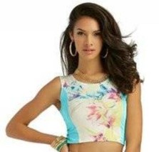 Womens Crop Top Junior Girls Nicki Minaj Sleeveless White Blue Floral Shirt-sz M - $5.94