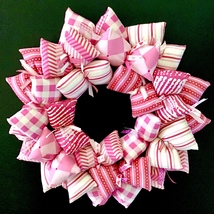 Valentines Day Pink and White Multi Patterned Shabby Chic Fabric Wreath Decor - £39.35 GBP