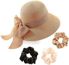 Straw Hat, Sun Hats for Women Wide Brim Sun Hat w/ Wind Lanyard + Hair Scruncies - £15.62 GBP
