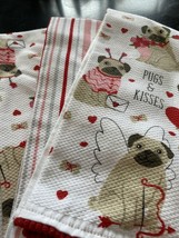 Isaac Mizrahi Set of 3 Valentines Day Kitchen Towels Pugs &amp; Kisses NWOT - £14.18 GBP