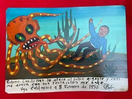 Mexican Folk Art Giant Octopus Attacks Terrified Man Painted Ex Voto Ret... - £29.72 GBP