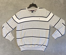 Ladies Tommy Hilfiger 100% Cotton Crew Neck Sweater Gray w/Navy Stripes XL - $21.78