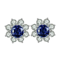 2 Ct Round Cut Blue Sapphire Flower Women&#39;s Stud Earrings 14K White Gold... - £39.32 GBP