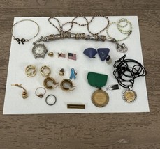 Vintage Costume Jewelry Lot Pins, Earrings, Watch Gold-toned *All Used* - £9.48 GBP