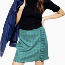 TopShop NWT Plaid Check Side Ruffle Mini Skirt Green Blue Women’s Size 8 - £18.45 GBP